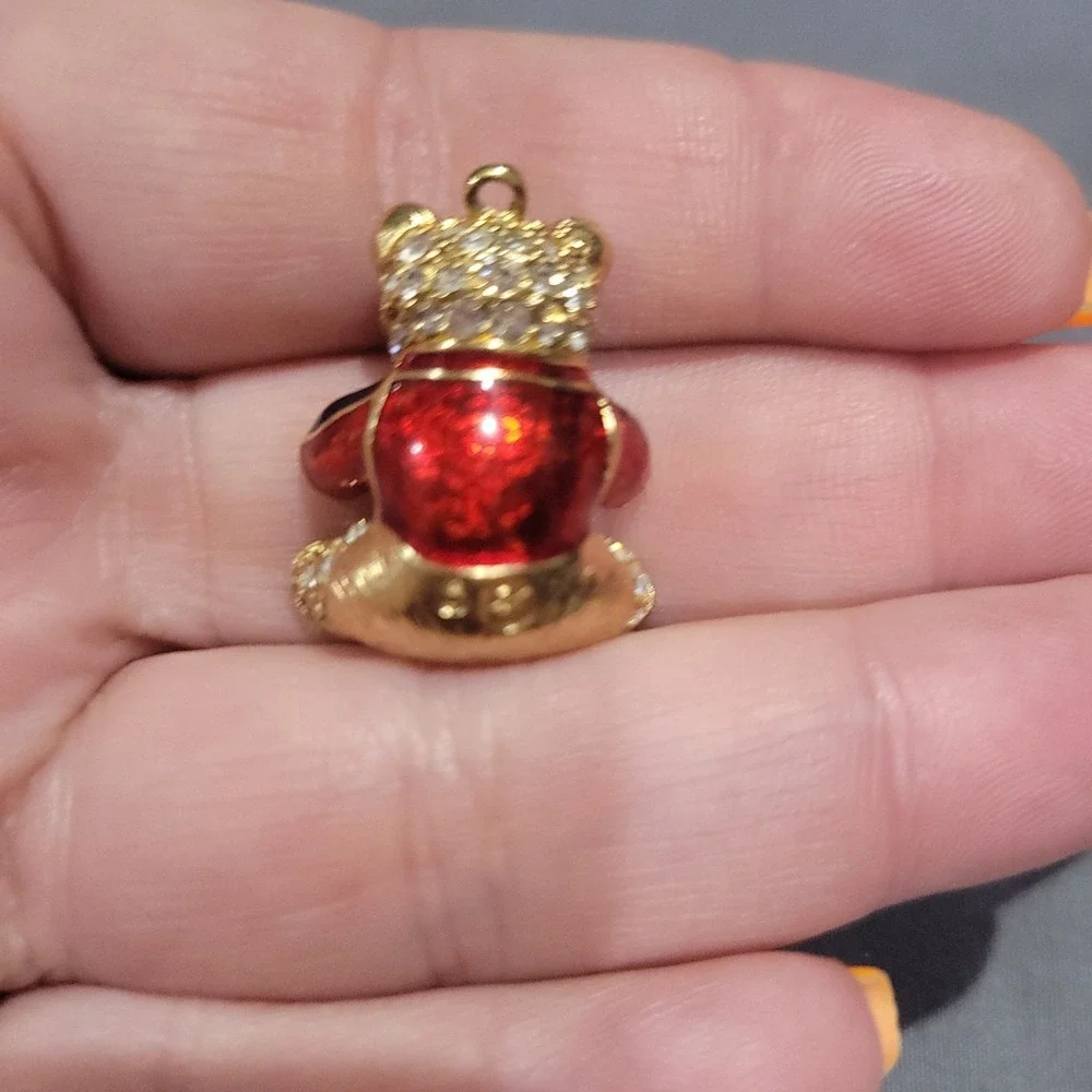 Savvy Swarovski Limited Edition Crystal Gold Tone Teddy Bear Pendant Red Enamel
